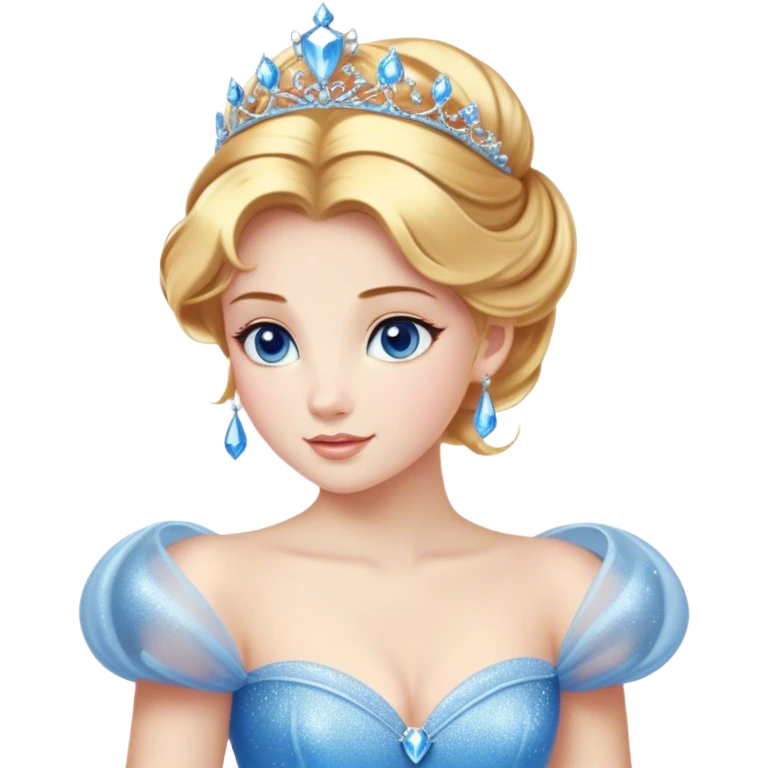 Cinematic Stunning Cinderella Portrait Emoji, Radiant in her sparkling blue ball gown, golden hair in a perfect updo, soft blue eyes full of wonder, glistening tiara, glowing with an ethereal beauty, regal yet kind, a dreamlike aura surrounds her, capturing the essence of a fairy tale princess, elegant and breathtaking! emoji