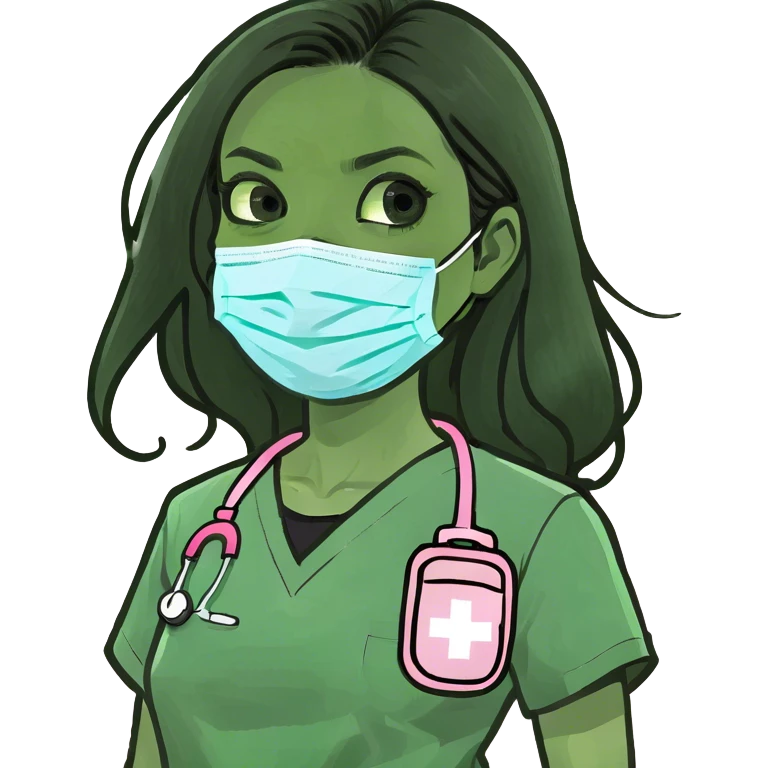 Female doctor without stethoscope long black hair wearing pink scrubs doe eyes emoji