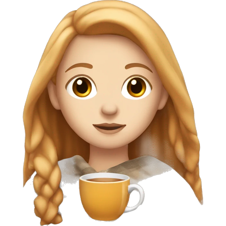 white girl with reddish blonde long hair and brown eyes with blanket wrapped about shoulders and sipping tea emoji