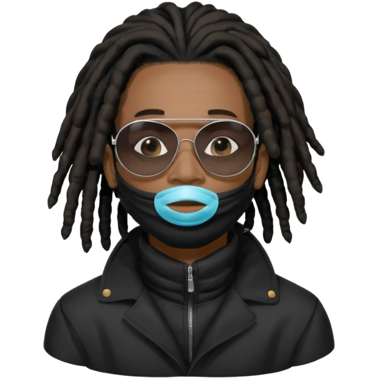 African American man with shoulder length black dreadlocks  wearing black sunglasses wearing a black bubble winter coatwearing a covid mask covering mouth and nose emoji
