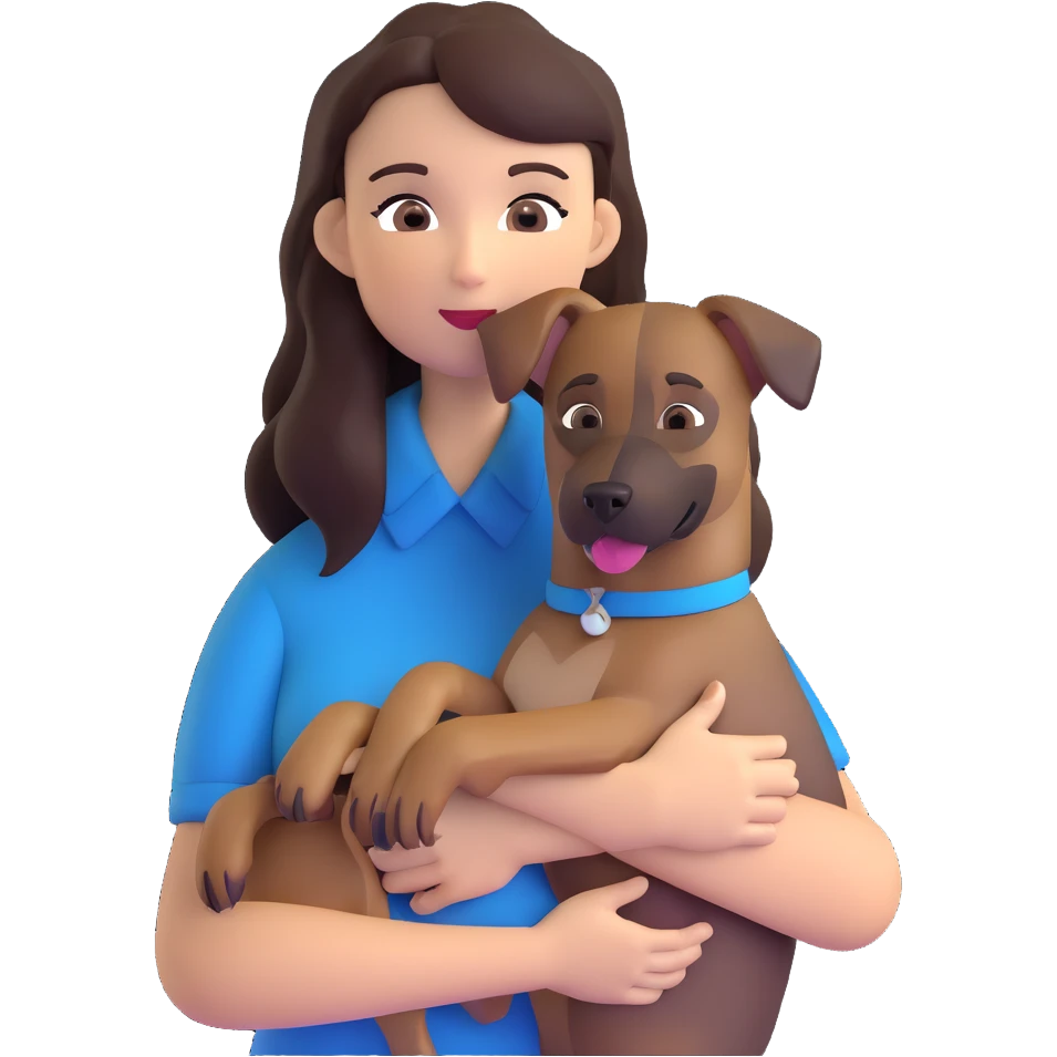 woman with long dark brown hair holding a Malinois dog in her arms emoji
