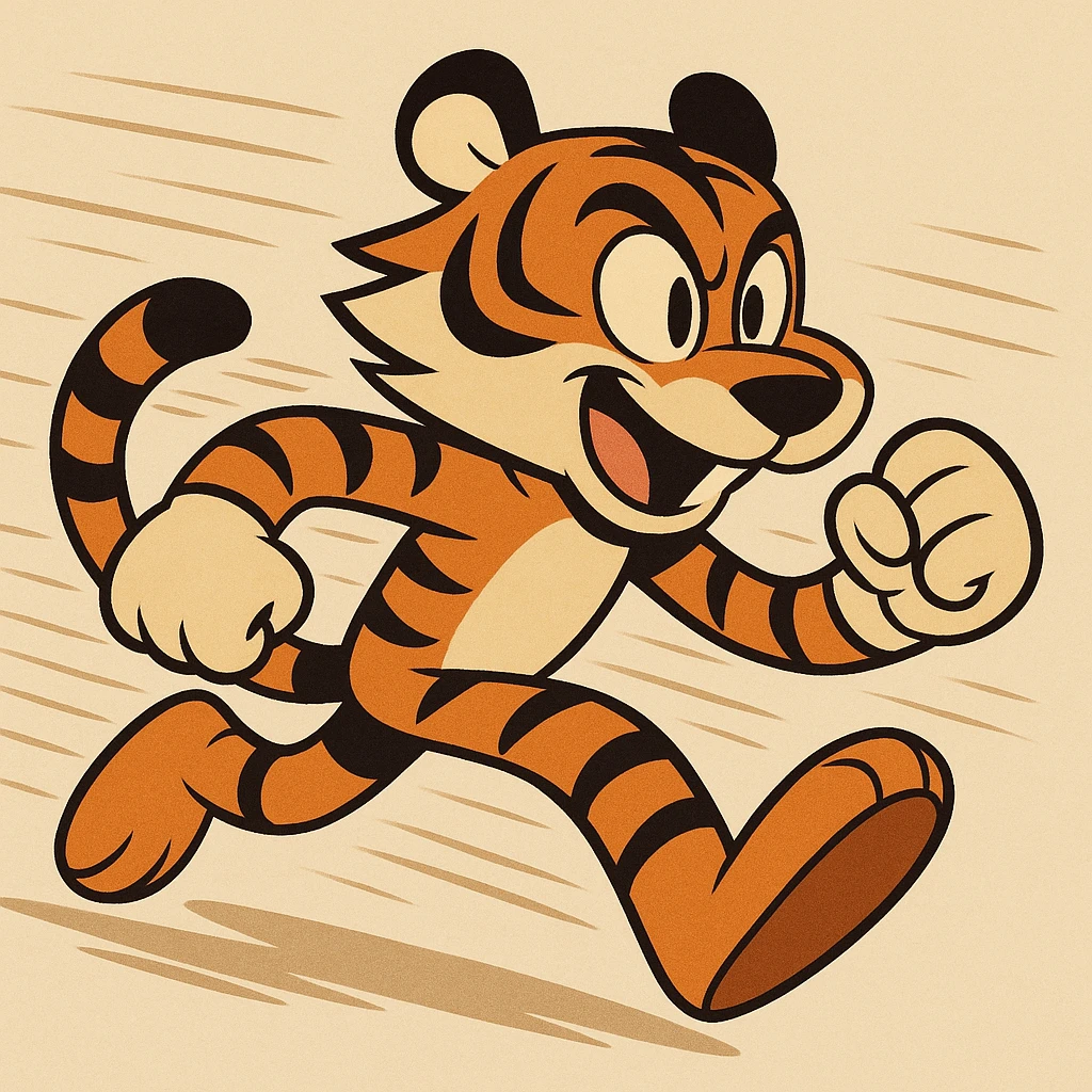 a fast-moving tiger in a dynamic pose, inspired by Sonic the Hedgehog, with exaggerated speed lines and a playful, energetic expression, cartoon style emoji