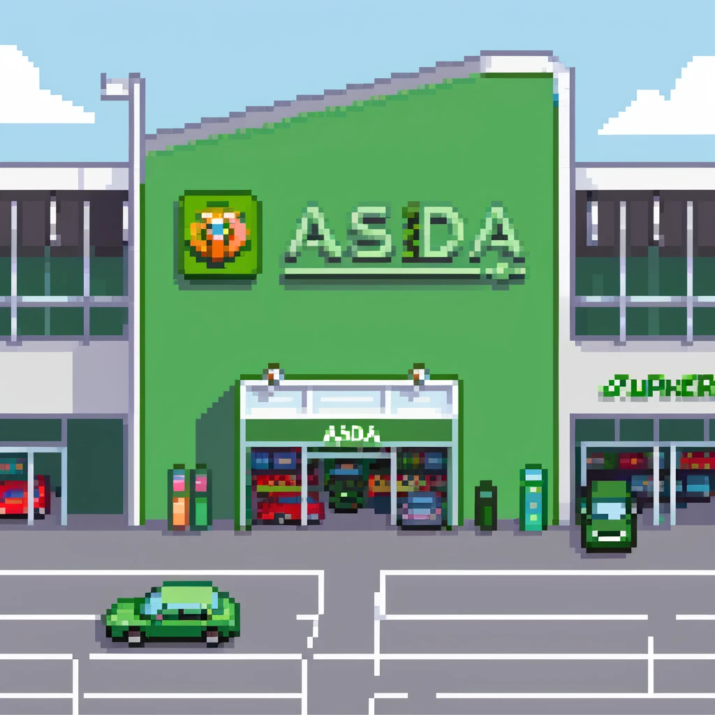 Isometric view of an ASDA supermarket building with green signage, large glass entrance, shopping trolleys bay, and car park with British cars emoji