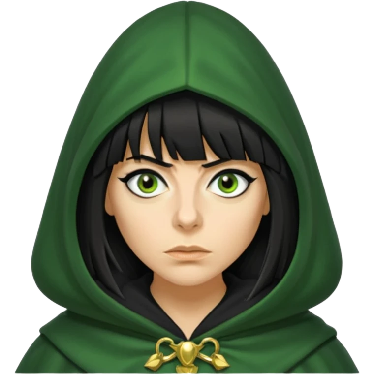claudia winkleman with a heavy fringe as a traitor with a green hooded cloak with a gold clasp and dark black eyeliner emoji