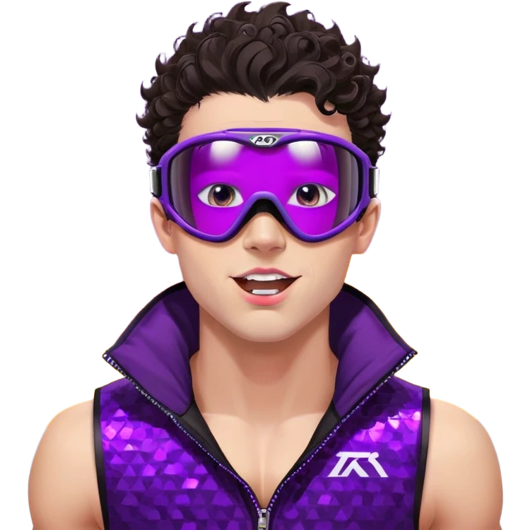 close-up of cool guy male athlete with white skin and moderately curly dark brown hair on top with shaved sides, with one purple ski goggle lens pushed up above his eyes on his forehead, sticking his tongue out of his mouth, a simple plain black chain necklace, and a completely unzipped sleeveless vest with purple and black sequin fire pattern design with no logo emoji