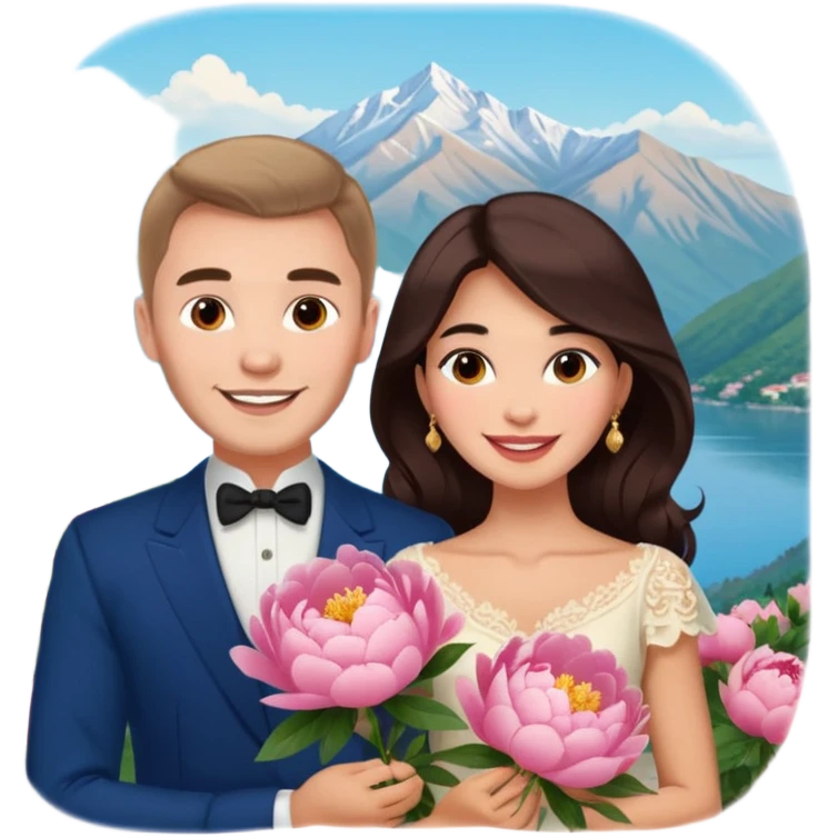 Couple traveling in Montenegro russian man and elegant  Latina girl delicate peonies and mountains in the background  emoji
