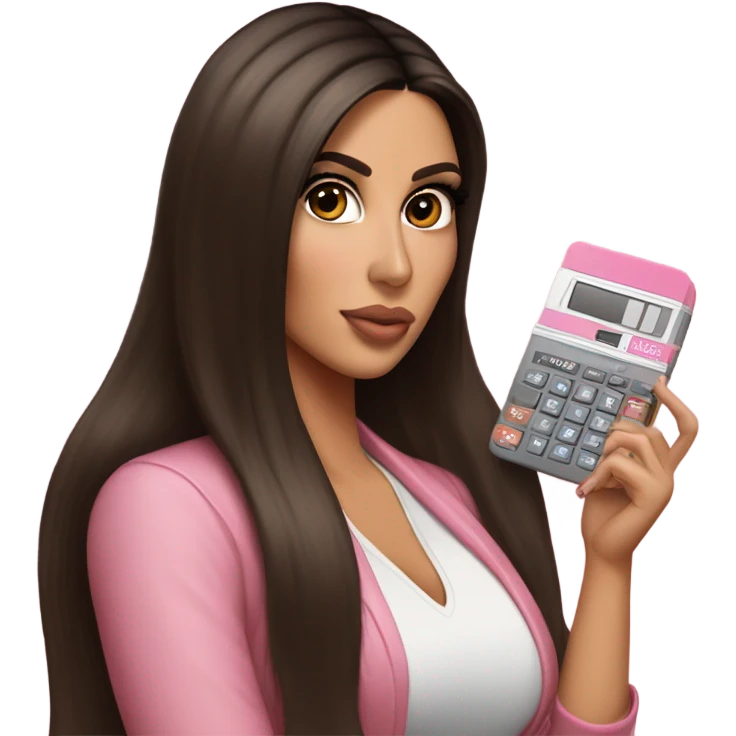 Hyper realistic kim kardashian with long straight brown hair holding a small pink calculator in her hand emoji