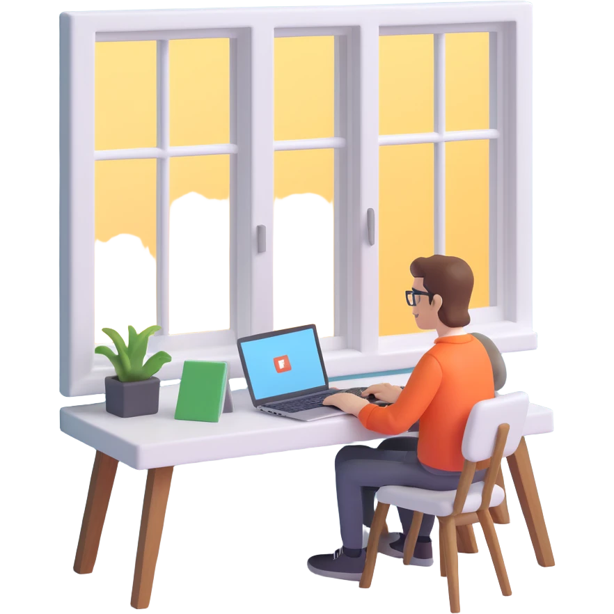 home office setup person typing on a laptop with a window in the background emoji
