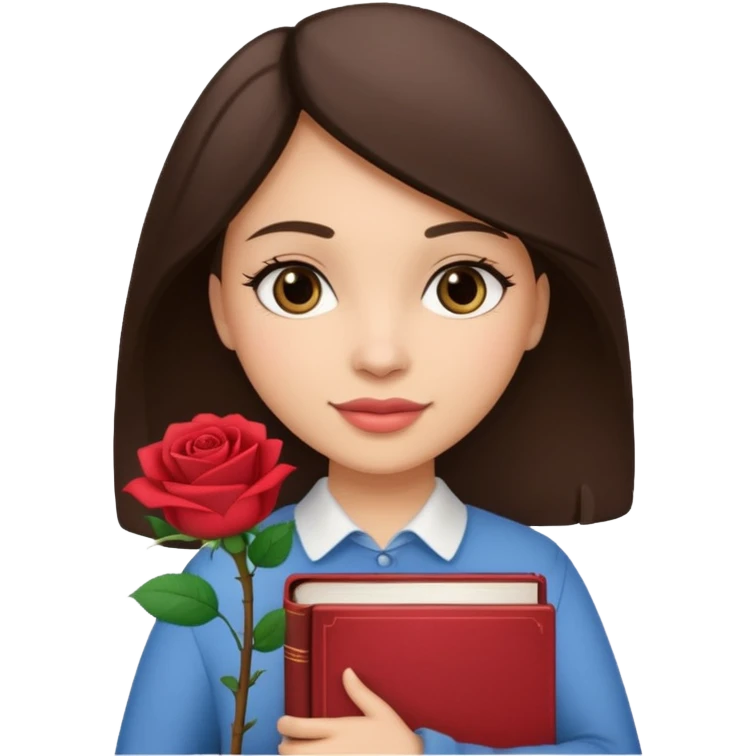 Brunette holds a stack of books + flower emoji