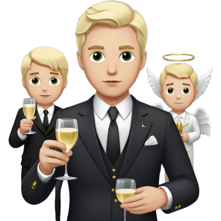 white man with blonde hair with half of him shown as a rich man with money eyes and him holding a champagne glass and him wearing a suit and the other half shown as a poor man who was a soldier with the rich side having a angel ring and the other half having a devil horn emoji
