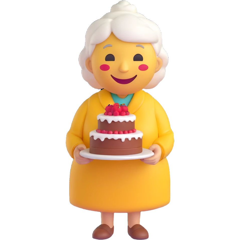 3D smiley emoji, round shape, grandmother with a cake, dressed up, yellow color, smiling face emoji