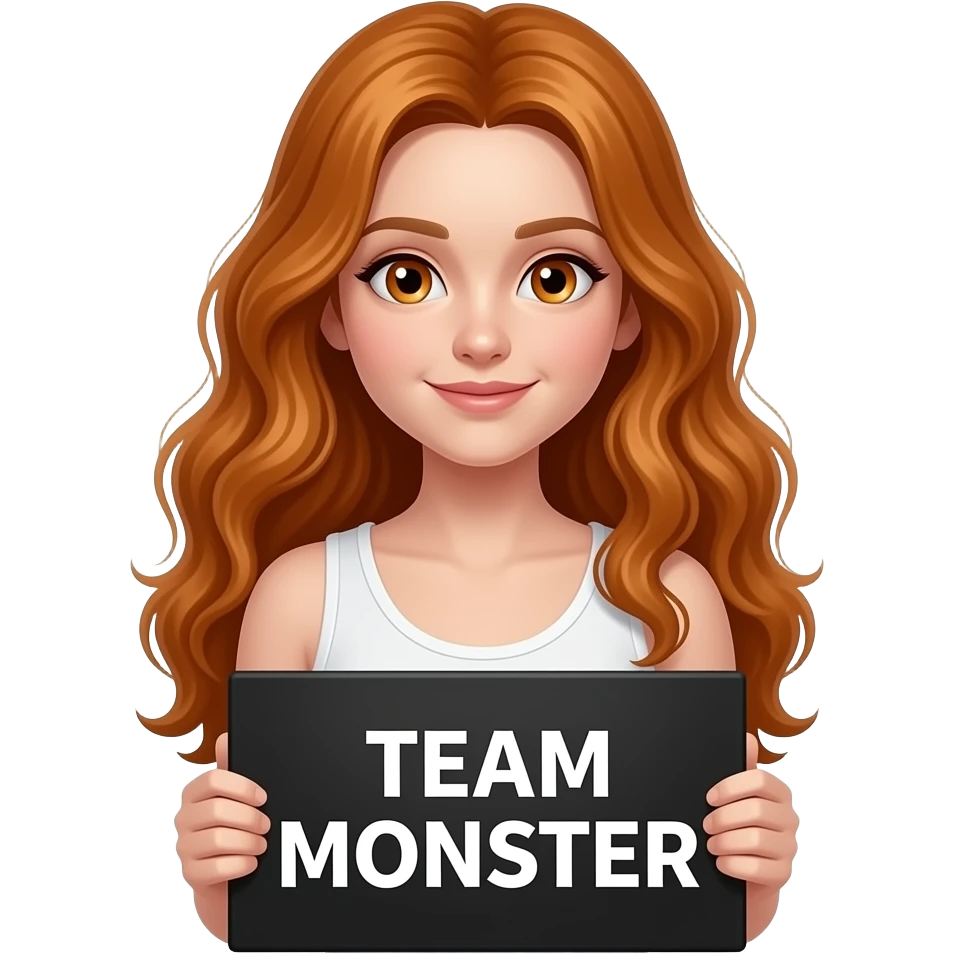 sexy girl with long wavy ginger hair and ginger eyes wearing a white tanktop is holding a black colored sign with TEAM MONSTER written on it emoji