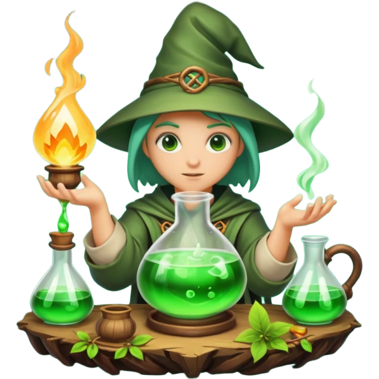 forest alchemist mixing two wrong potions → perfect glow emoji