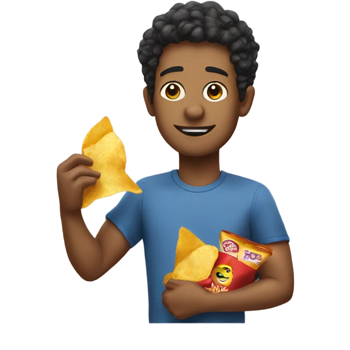 Lanny holding a bag of potato chips and eating a chip emoji