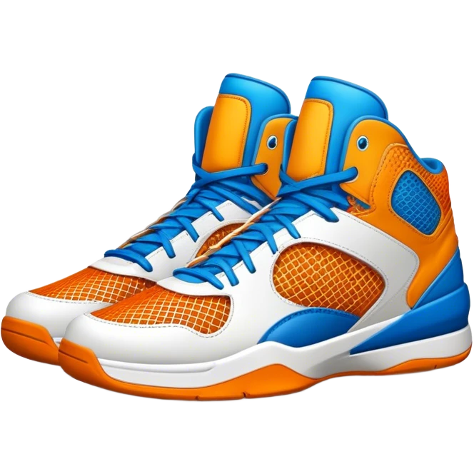 Cinematic Realistic image of a pair of basketball sneakers featuring detailed mesh and leather textures, vibrant color accents and dynamic design lines, illuminated by bold, high-energy arena lighting emoji