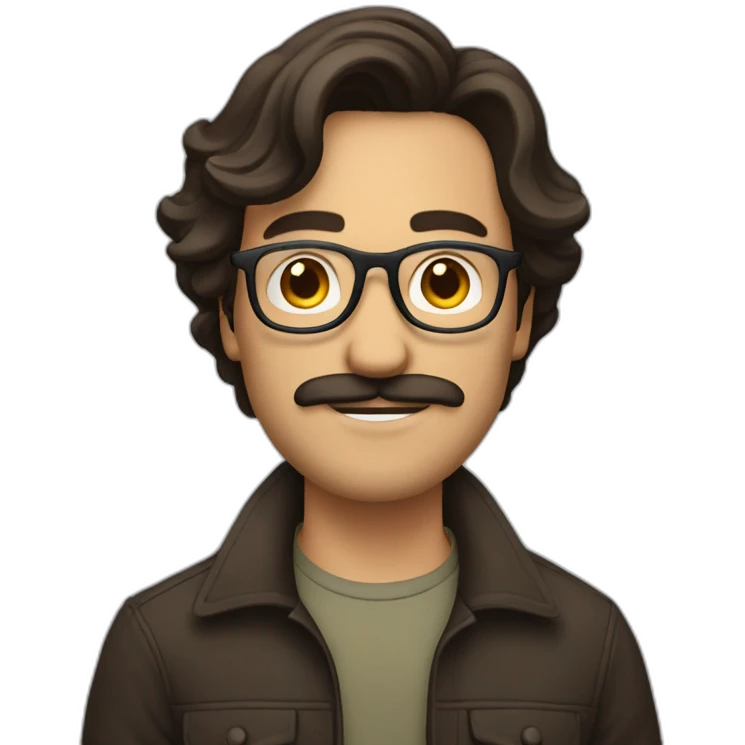 guy with curled mi-long hair, brune, with glasses, with small moustache and beard emoji