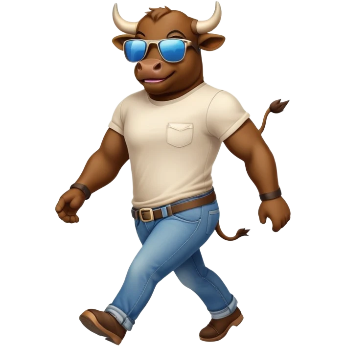 smiling bull character in jeans, t-shirt, and sunglasses, walking quickly emoji