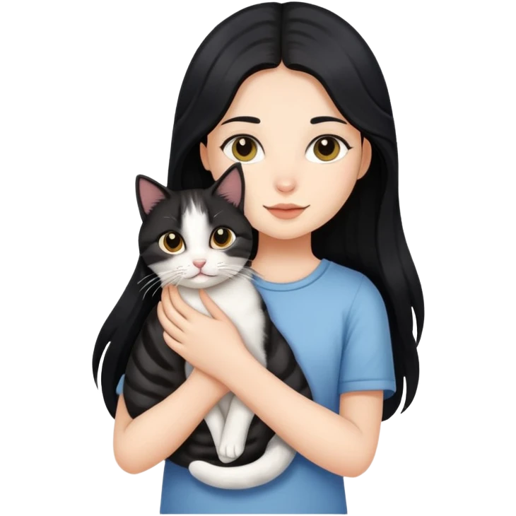 Long black hair girl holding a haired tabby cat emoji