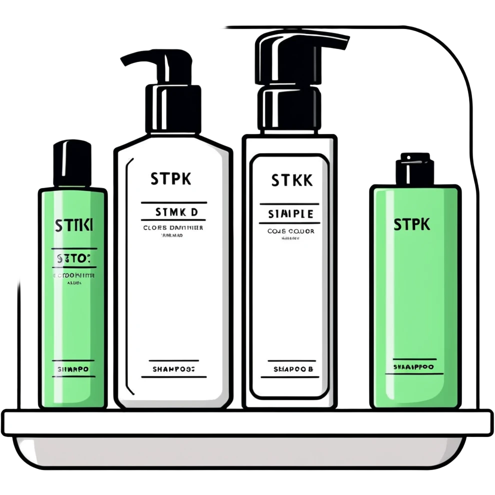 Shampoo bottle, color tube, and conditioner standing on a shelf, products are luxury brand-labeled emoji