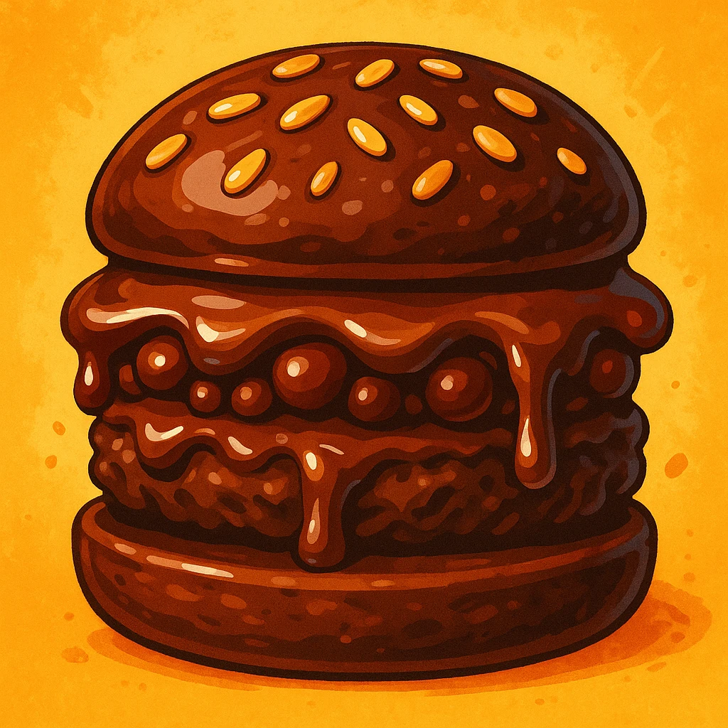 a chocolate burger, playful and appetizing, vibrant colors, detailed, appetizing food illustration emoji