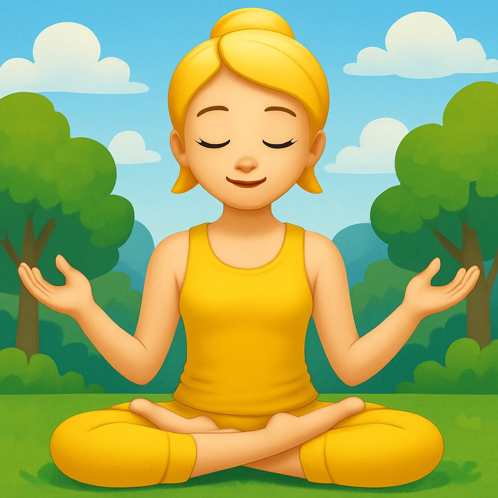 Add a peaceful nature background with trees and sky behind the meditating emoji, keep the classic emoji style emoji
