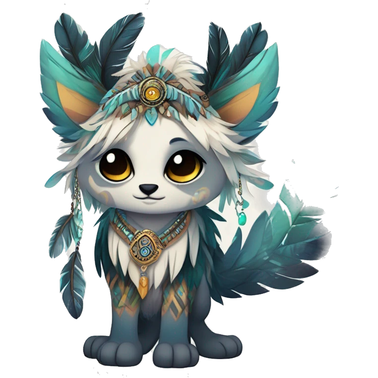 cute Kawaii edgy ethereal shy epic tribal fantasy animal fursona Fionbri creature by griffsnuff & LiLaiRa & Falvie with exotic colors with intricate patterns and feathers and headdress and necklace full body emoji