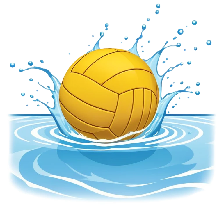 An icon featuring a yellow water polo ball floating on the water with goals in the background, inside a swimming pool. The design includes splashes and ripples, symbolizing the fast-paced action and strategy of water polo. Transparent background highlights. emoji