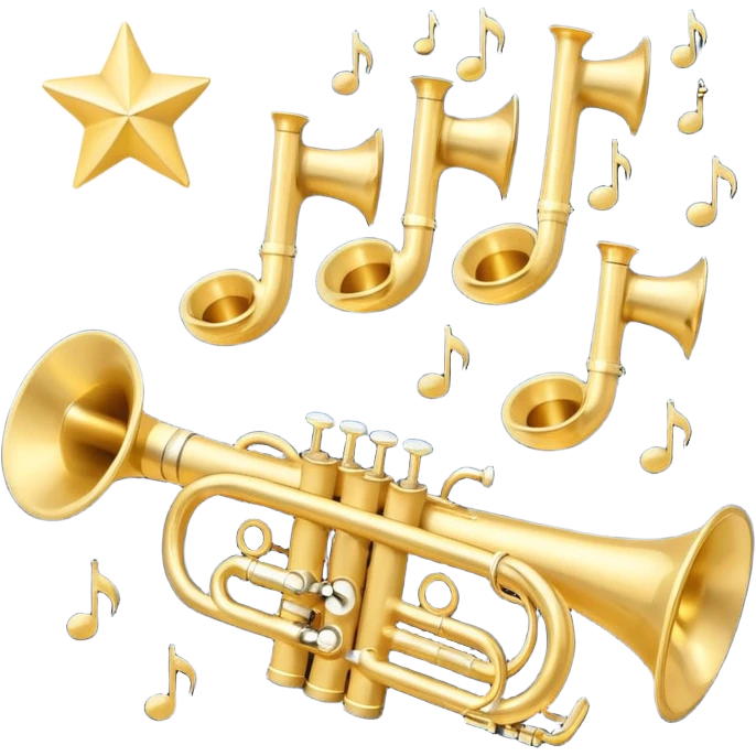 “Flat vector icon of a golden side-view trumpet with three valves, thick outline, on a deep navy blue rounded-square (or circle); 2–3 white or light-blue notes come out of the bell, surrounded by a soft light-yellow glow and a tiny golden star, plus a small speech bubble with the word ‘¡Azúcar!’.  emoji