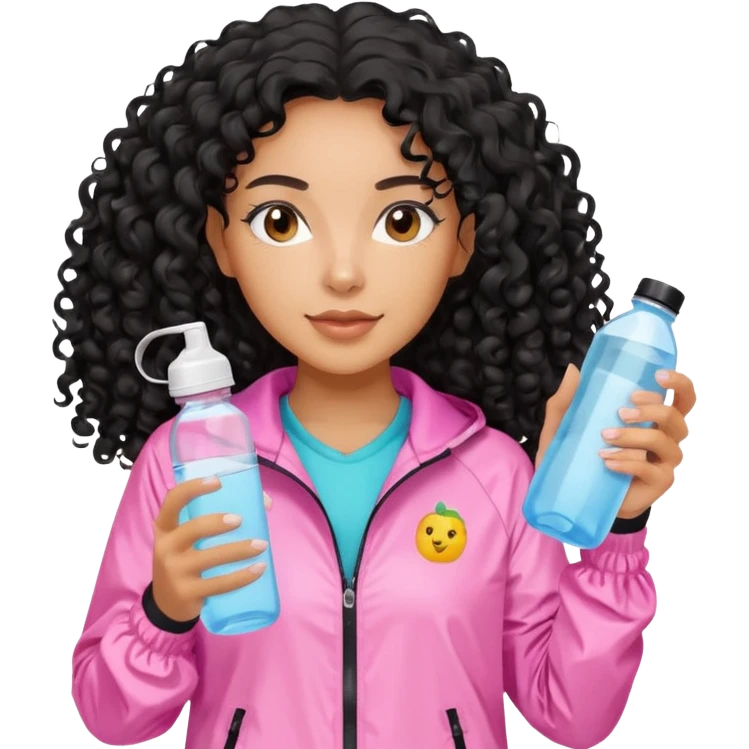 Mixed-race athletic woman with caramel skin, long black curly hair, wearing pastel pink windbreaker, holding a water bottle emoji