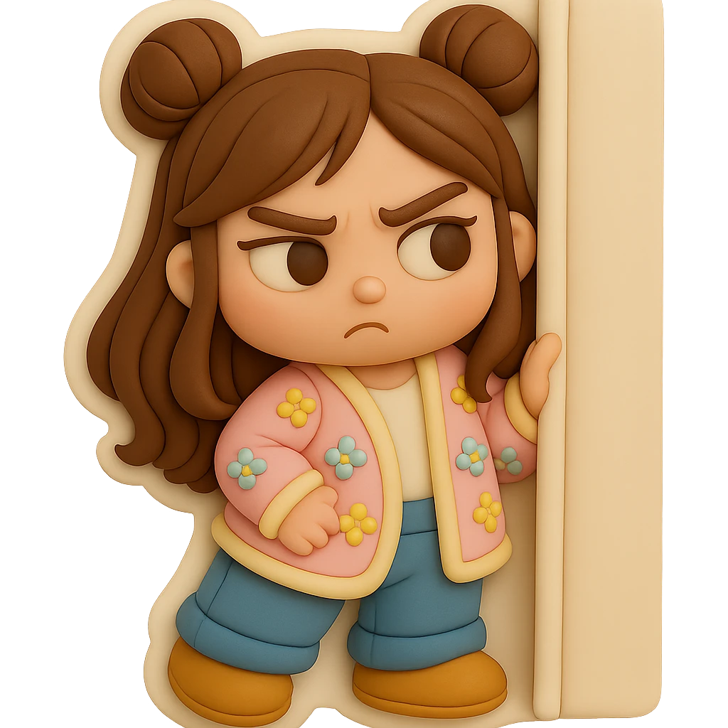 3D chibi fondant cake art style, high-quality rendering with smooth shadows and soft gradients. Girl based on reference image with preserved facial features and eye shape, long brown hair in two space buns, brown eyes, jeans, pastel floral cardigan, shoes, thick white outline like a sticker. Peeking suspiciously from behind a corner. Ensure the face, hairstyle, eye shape, and shoes match the reference exactly. emoji