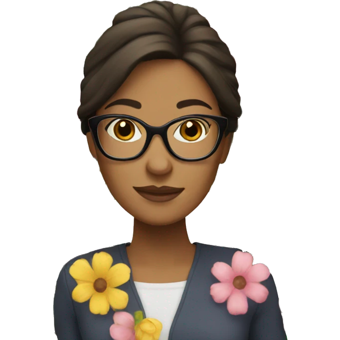 Brunette white woman with glasses holding flowers emoji