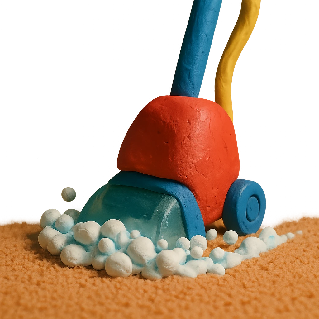 claymation style carpet shampooer in action with foam and bubbles emoji