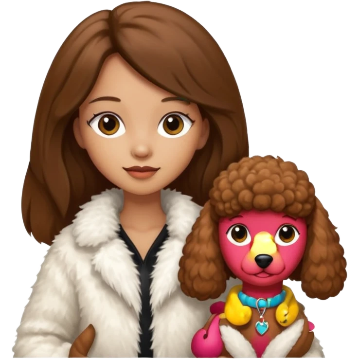 A girl with a long brown straight hair and wearing a fur white jacket holds a brown poodle emoji