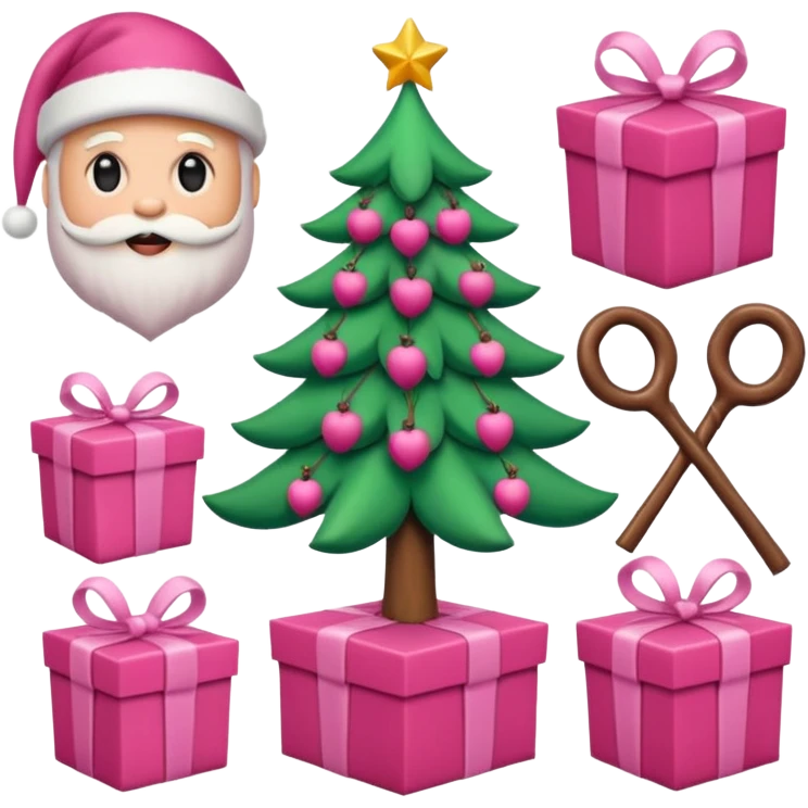 emojis estilo pixar de la cara de santa, arbolito rosa, reno, lazo coquet,bastones rosa, caja de regalo rosa, arbolito verde con bambalinas rosa emoji
