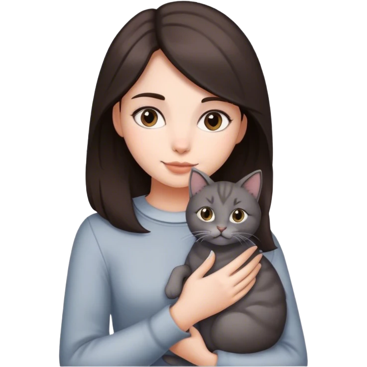 Dark Brown hair girl holding a grey cat emoji