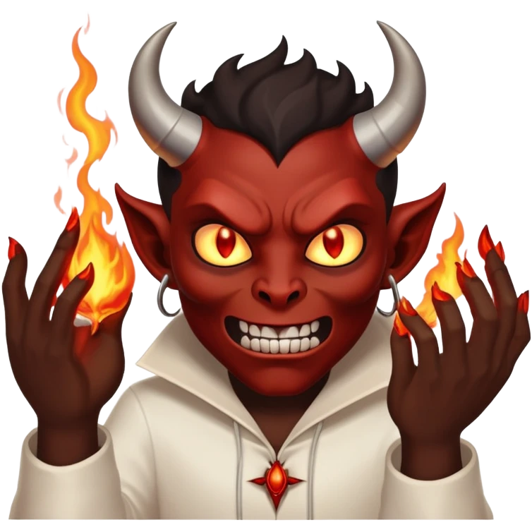 Generate for me a devil with black skin and white eyes who incinerates everything with magic from his hands emoji