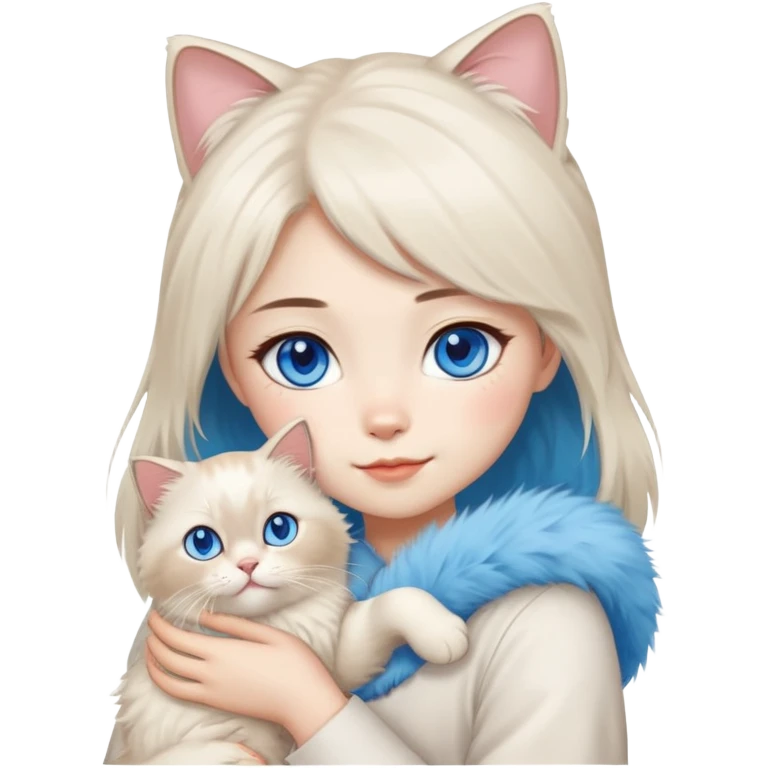 Asian girl holding a fluffy ragdoll cat with blue eyes and colorpoint fur emoji