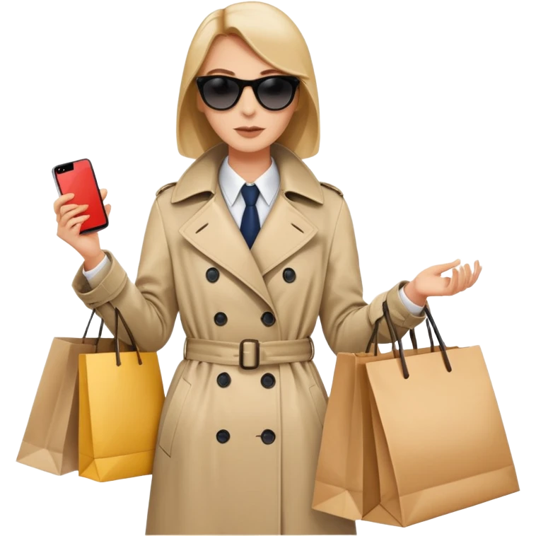 mystery shopper in trench coat, sunglasses, holding a shopping bag emoji
