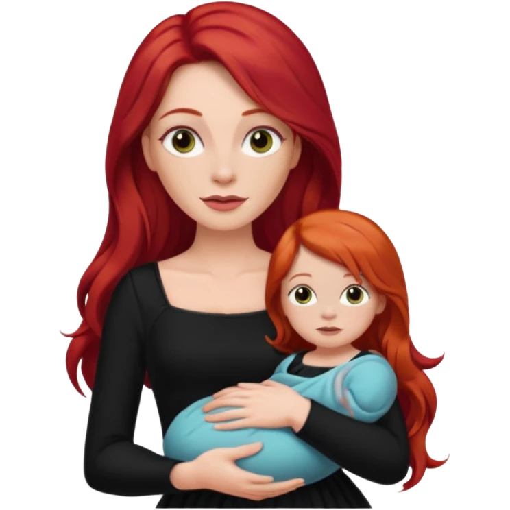 White woman in black dress with long red hair and makeup holding one baby emoji