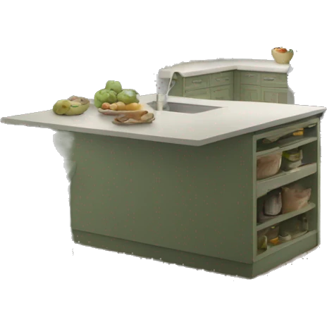 Realistic front facing sage Green Kitchen with counters and cabinets.  emoji