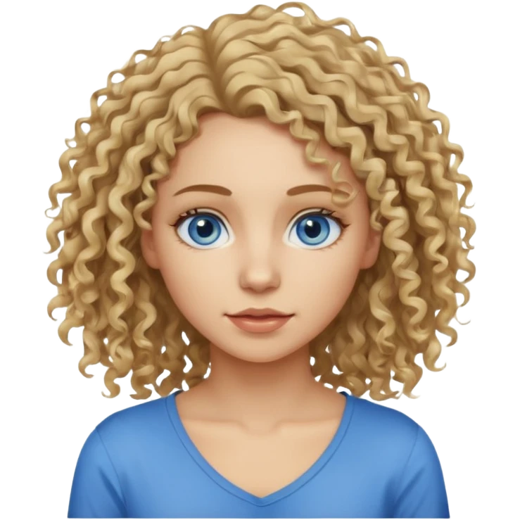 This is a 2D digital anime-style portrait of a female, caucasian, 29 years old light skin. The person has messy dirty blond curly hair shoulder long, round blue eyes.  emoji