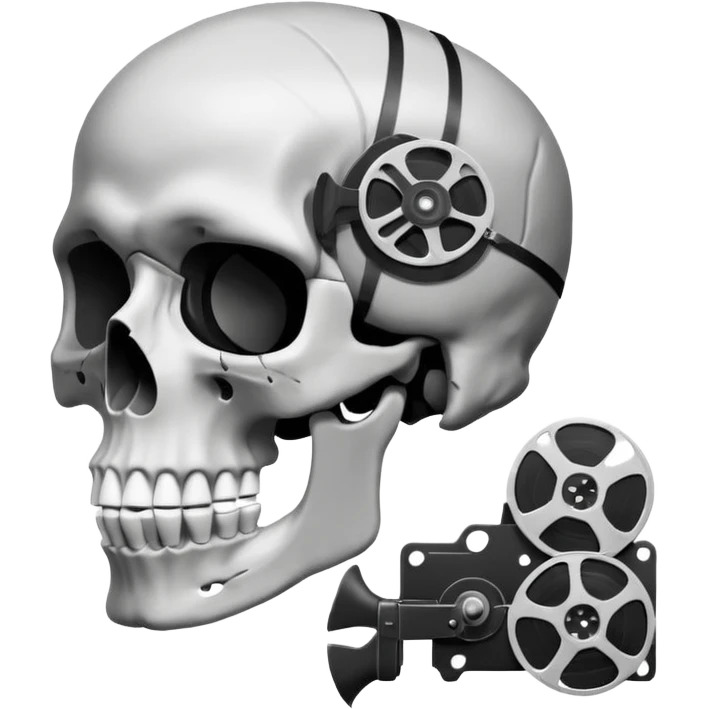 Minimalist emoji-style sticker of a human skull in profile, with a film reel replacing the brain. Grayscale icon with bold silhouette.
 emoji