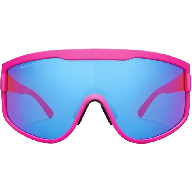 sporty neon hot pink shield visor sunglasses with extra thick frame and integrated strap, heavy-duty build, one-piece mirrored lens with blue reflection emoji