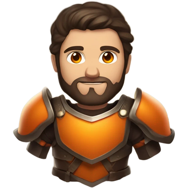 Confident White Man with dark brown hair and a short beard wearing large orange plate armor and glowing orange eyes that have orange smoke coming out of his eyes emoji