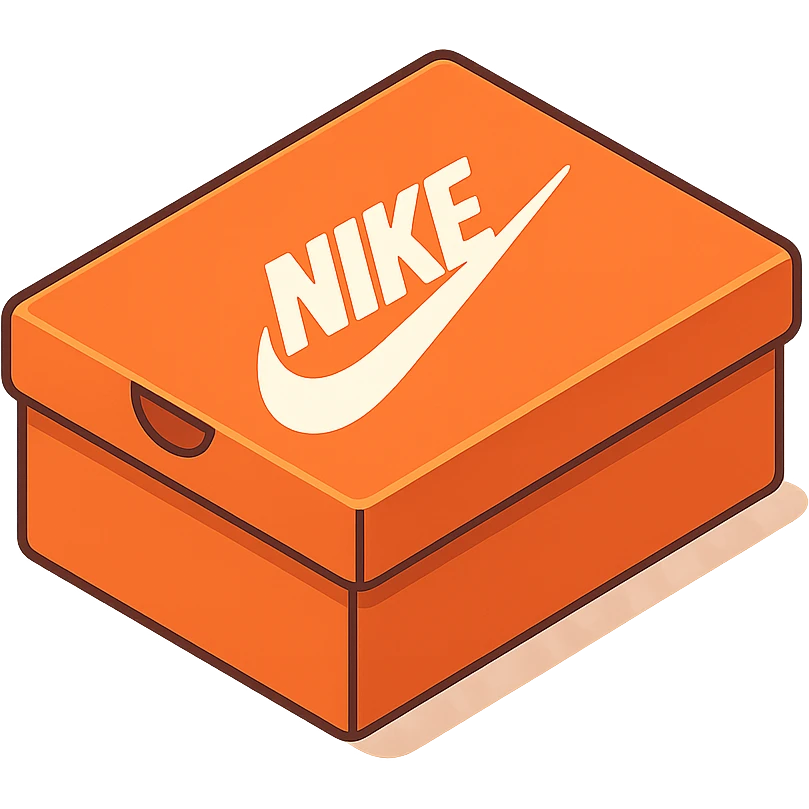 3D isometric view Nike shoe box, bright orange color, white Nike logo, subtle shadows, transparent background emoji