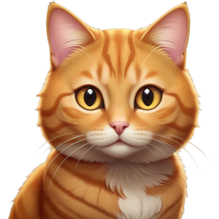 Cinematic Cute Ginger Tabby Cat Portrait Emoji, Round and plump body, soft orange-brown fur with dark tabby stripes, big, sparkling amber eyes, Simplified yet irresistibly adorable features, highly detailed, glowing with a warm, cozy glow, high shine, curious yet calm, stylized with a touch of whimsy, bright and endearing, soft glowing outline, capturing the essence of a mischievous yet lazy and lovable kitty, so cuddly it feels like it could waddle right out of the screen for a snuggle! emoji