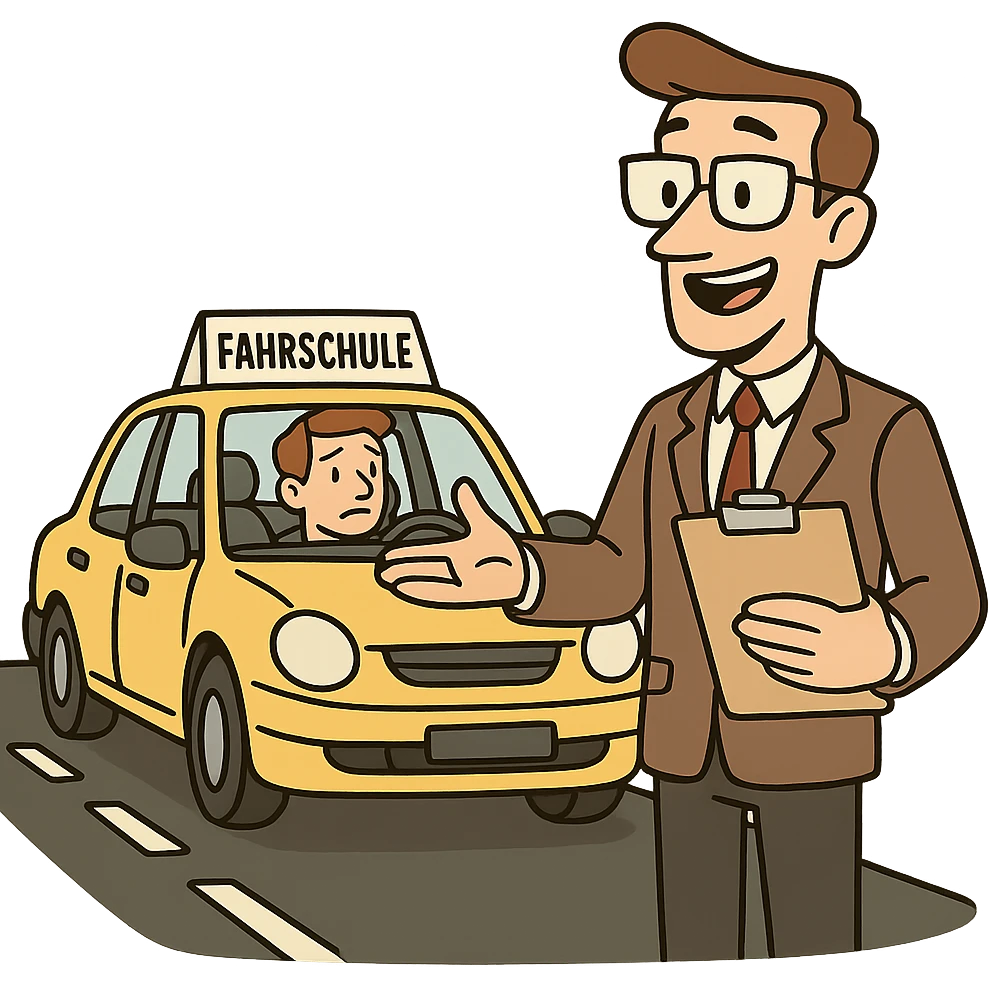 Fahrschule, road with dashed lines and car, professional, flat emoji