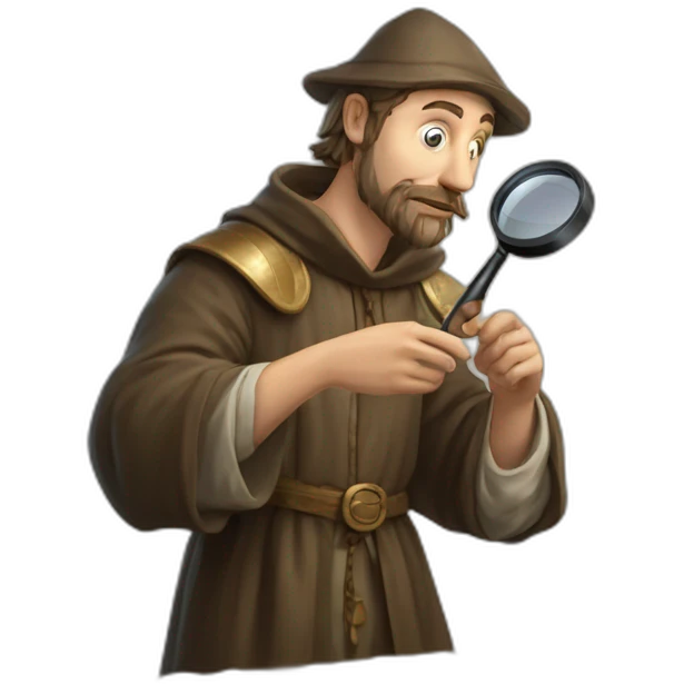 medieval coin collector, looking at a coin with a magnifying lense emoji