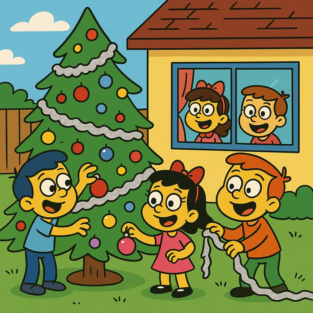 The children covered the tree in tinsel and ornaments. 3 children inside the house. Christmas incoming. emoji