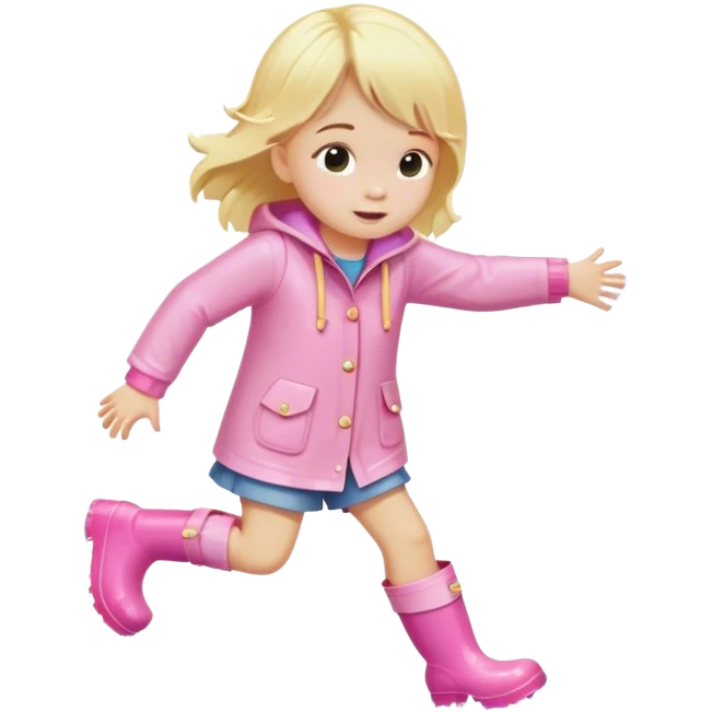 Blonde little girl in light pink rain boots splashing in puddle emoji